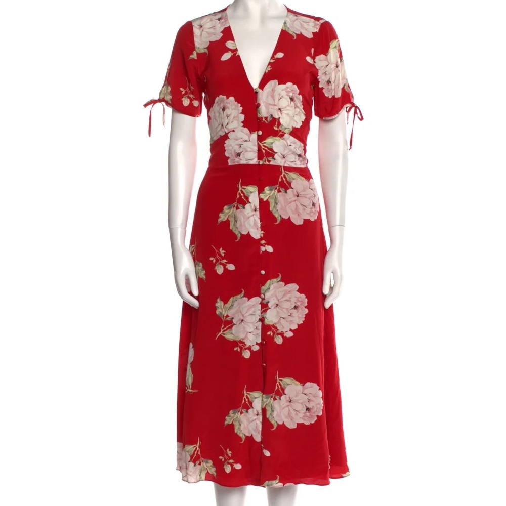 Red midi floral button up dress with ties on the short sleeves. Back cut out.